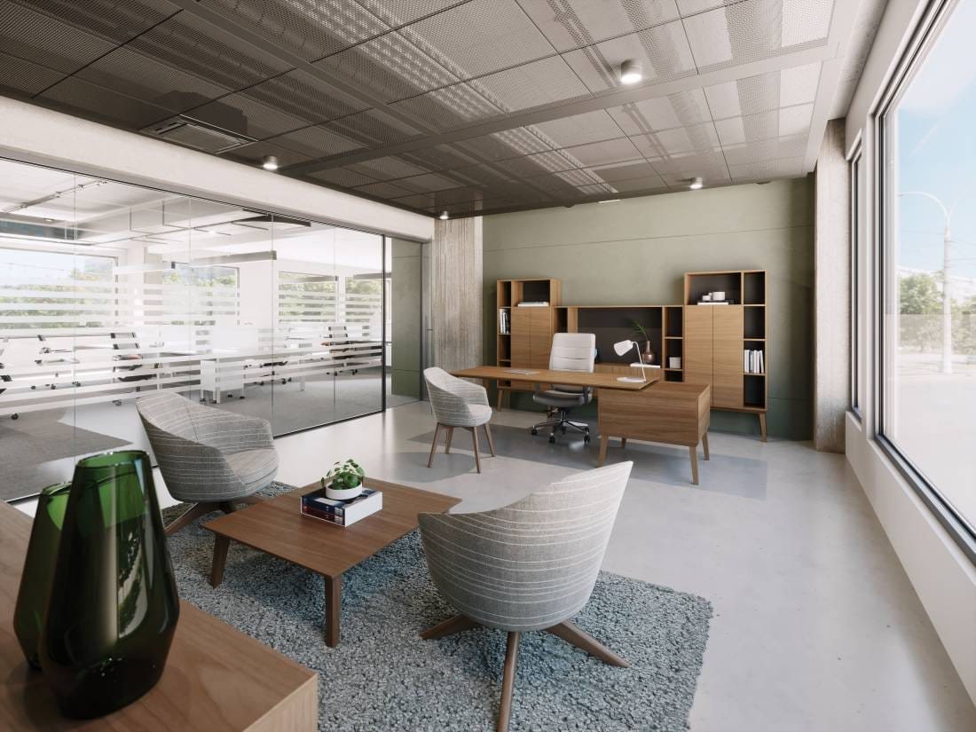 Global private office with desk, storage and lounge chairs