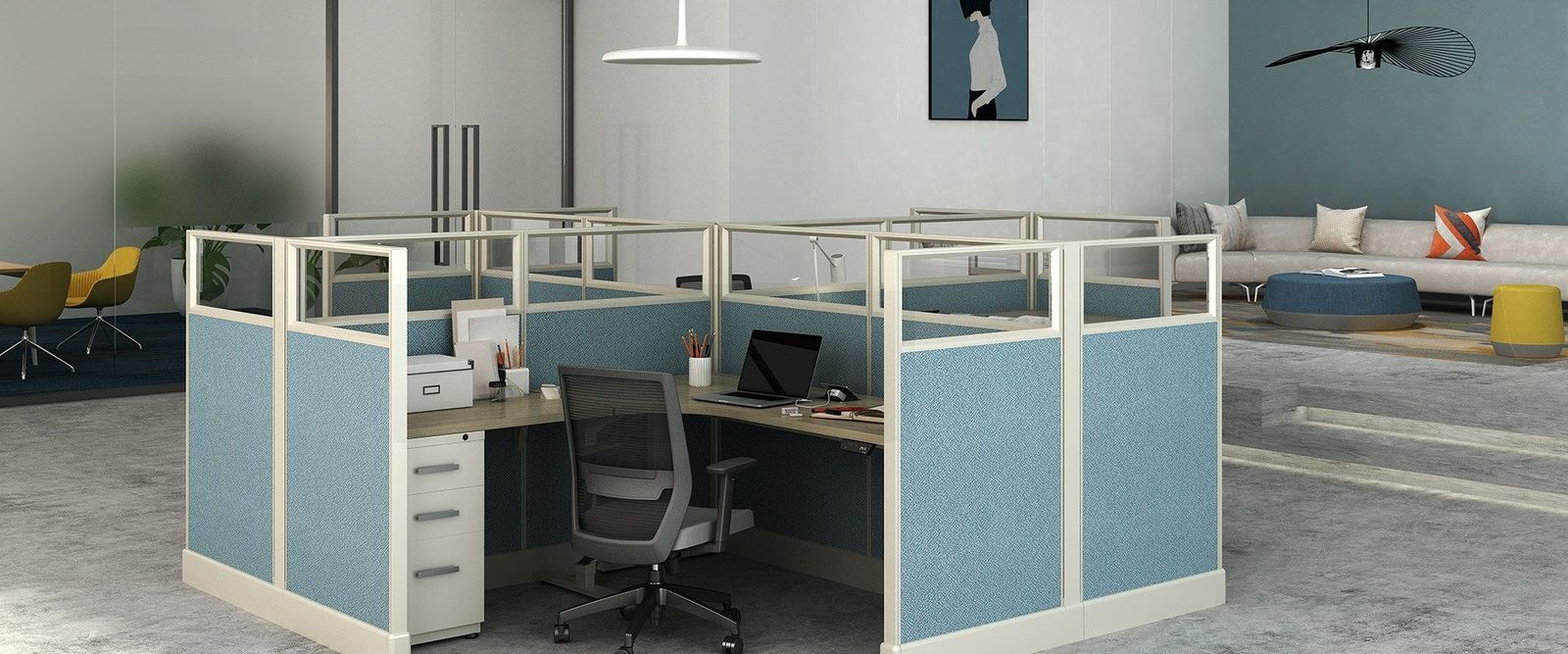 New 6x6 cubicle workstations with fabric panels and storage in an open Columbus office