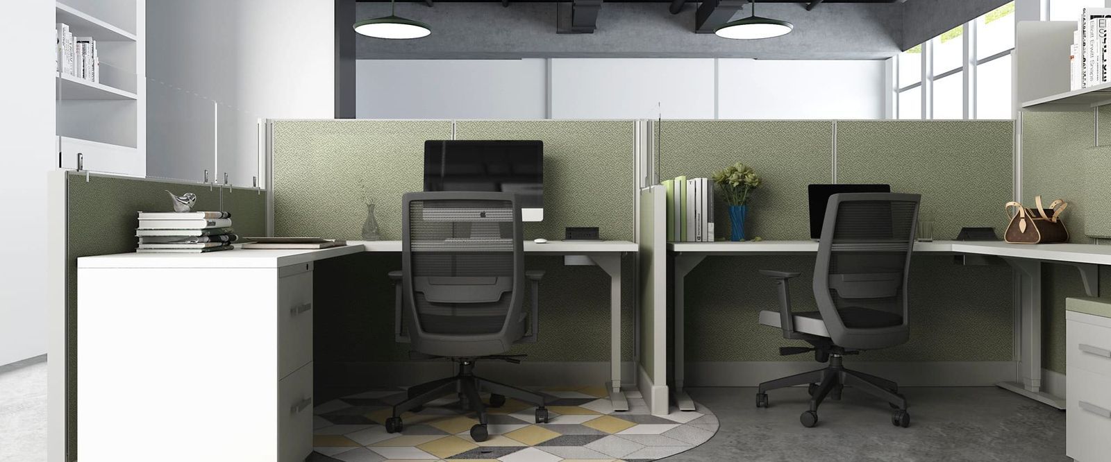 New full-height cubicles with glass stackers that enclose each workstation