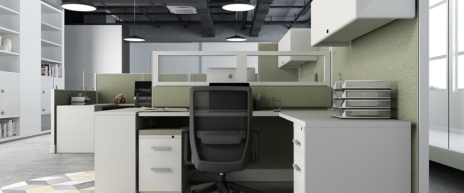 New high wall cubicles with overhead storage bins for heads-down work