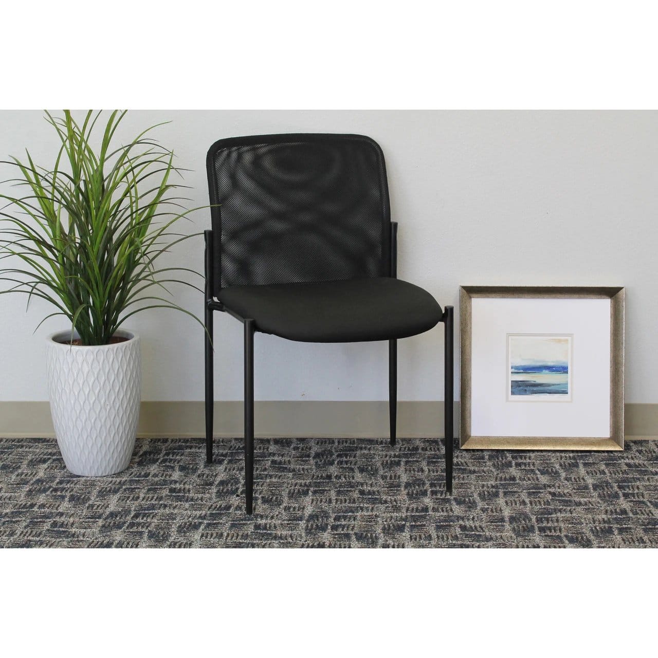 Black Armless Side Chair with Vinyl Seat & Mesh Back