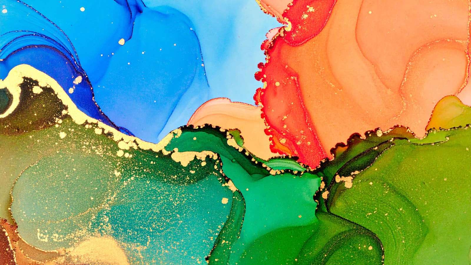 Abstract fluid art collage in blue, orange, and green representing office color palettes