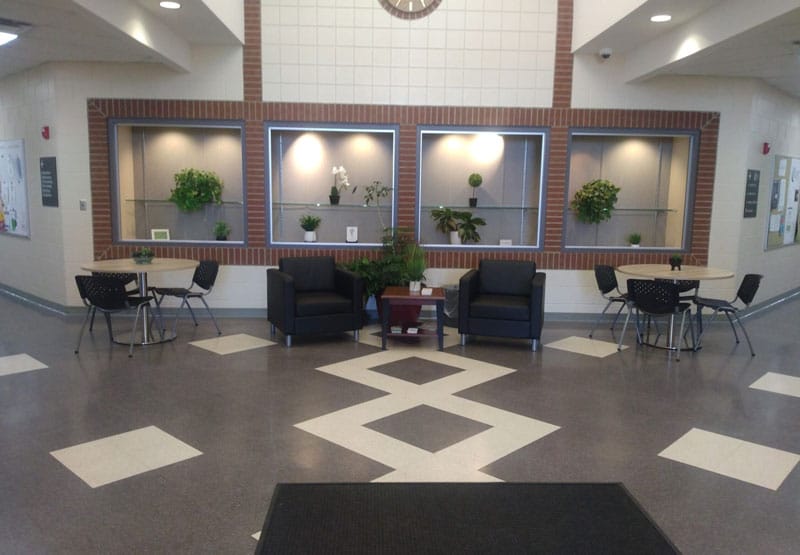 Student lounge seating and tables in the main lobby at Knox Technical Center in Mount Vernon, Ohio