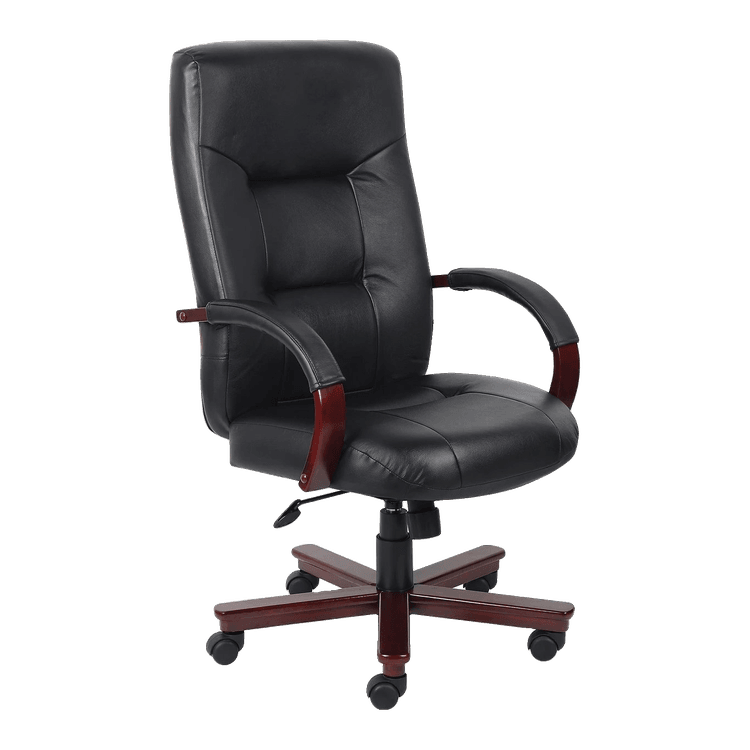 New Black Vinyl Exec High Back Chair with Mahogany Frame in stock at Capital Choice Office Furniture in Columbus
