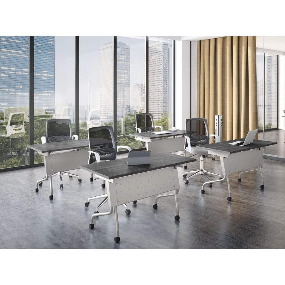 OfficeSource flip-top nesting training tables in a training room