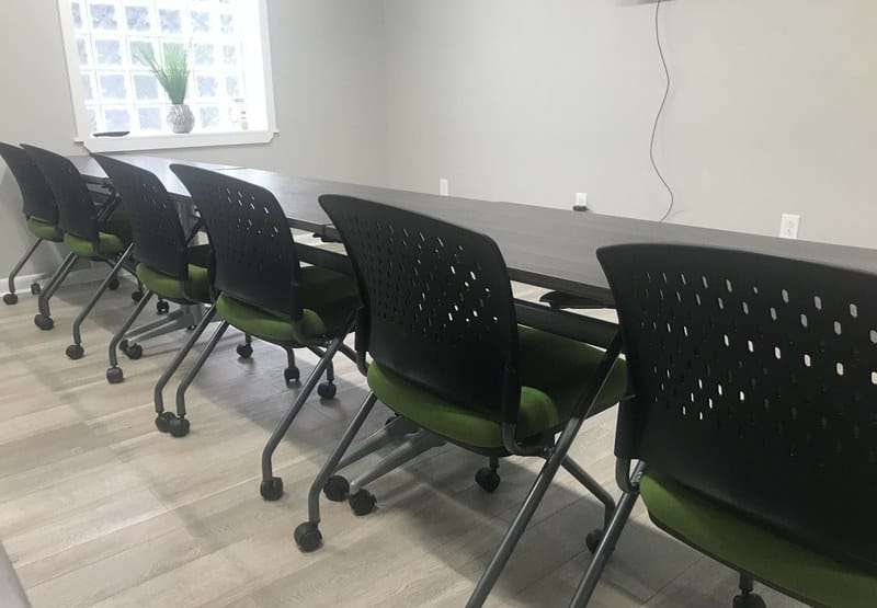 Training tables with padded guest chairs on casters at Greenwald Sales and Marketing in Columbus, Ohio