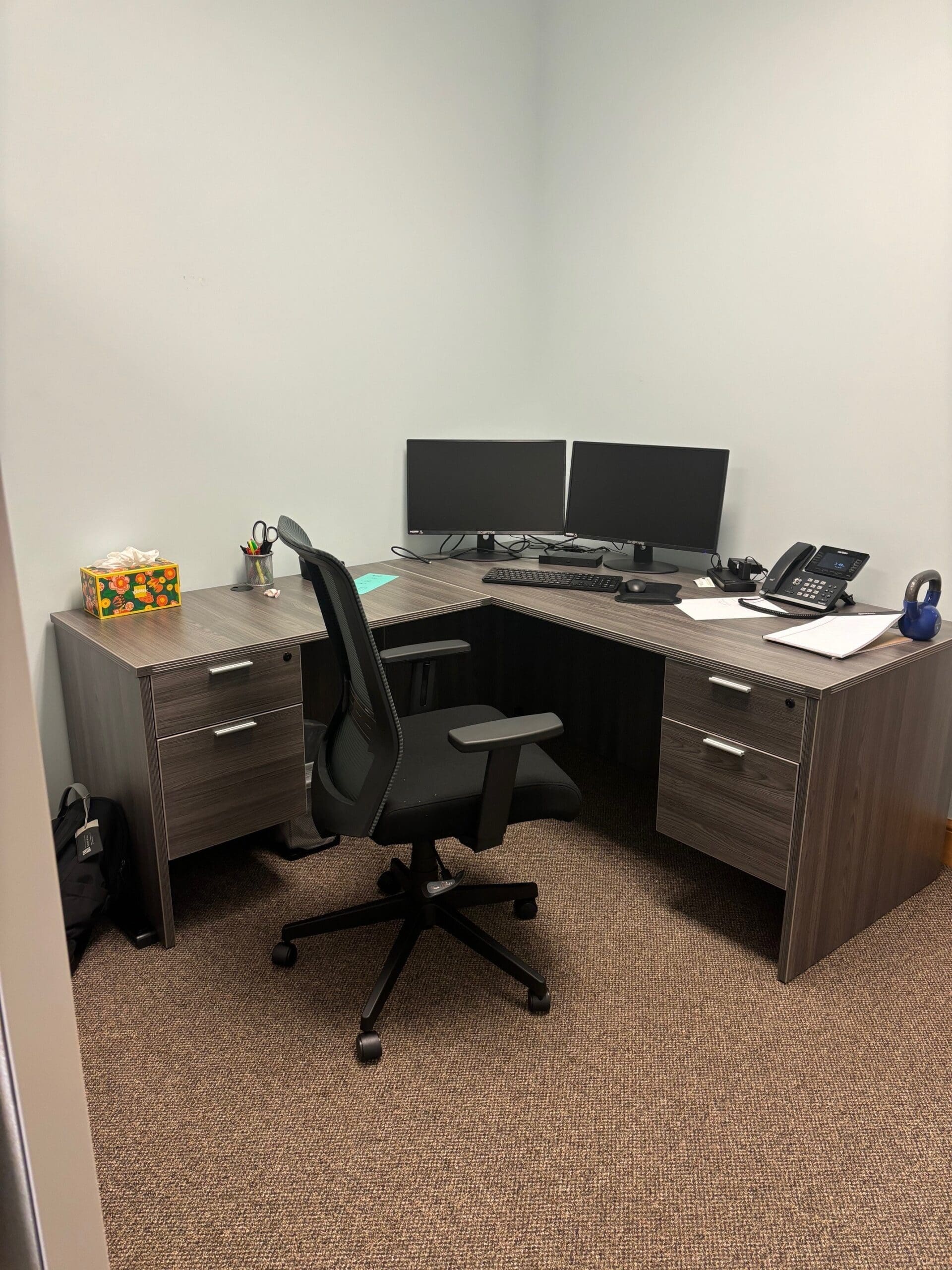 Grey L-Desk with two Box/File pedestals with black task chair