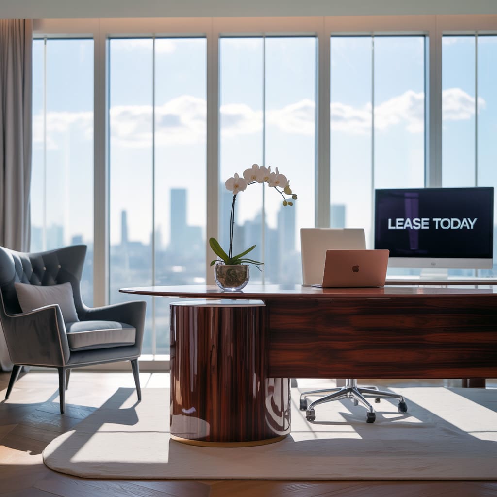 An AI-generated image of an empty office that's ready to be leased.