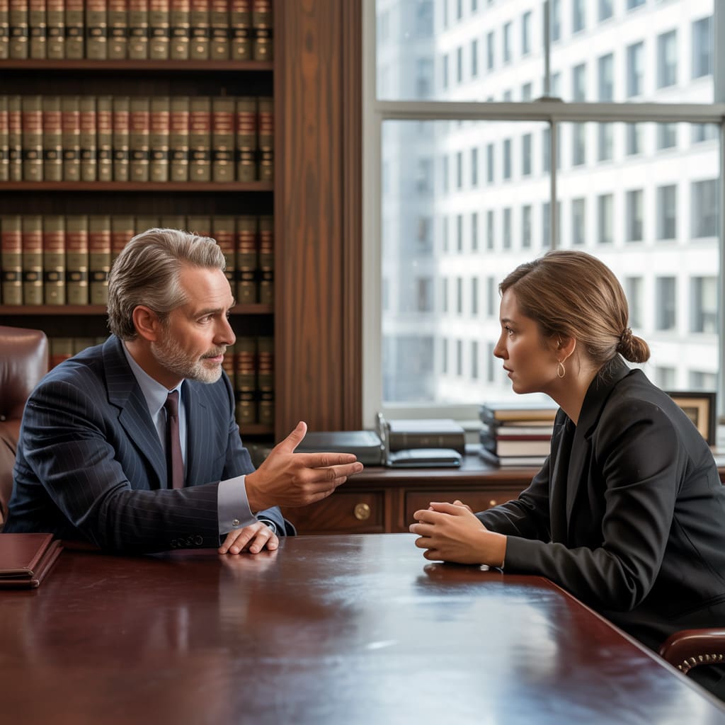 An AI-generated image of an attorney speaking with a client while gesticulating.