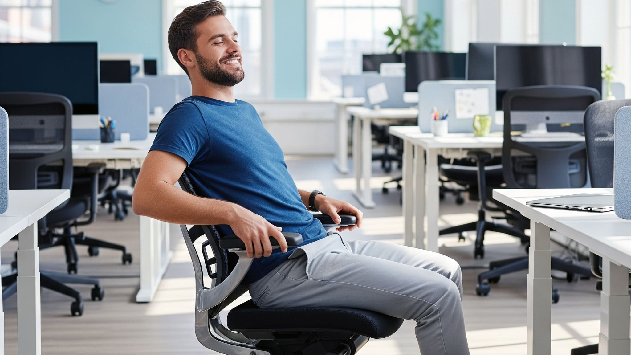 A man tests out his new ergonomic desk chair from Capital Choice Office Furniture in this open workspace - image created by AI>