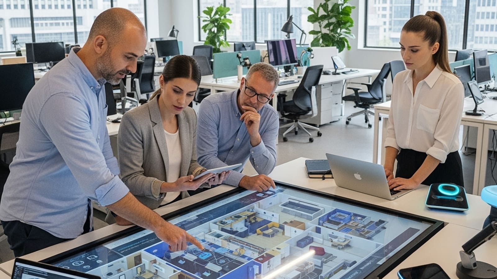 A design team looks over an interactive blueprint on a tabletop touchscreen.