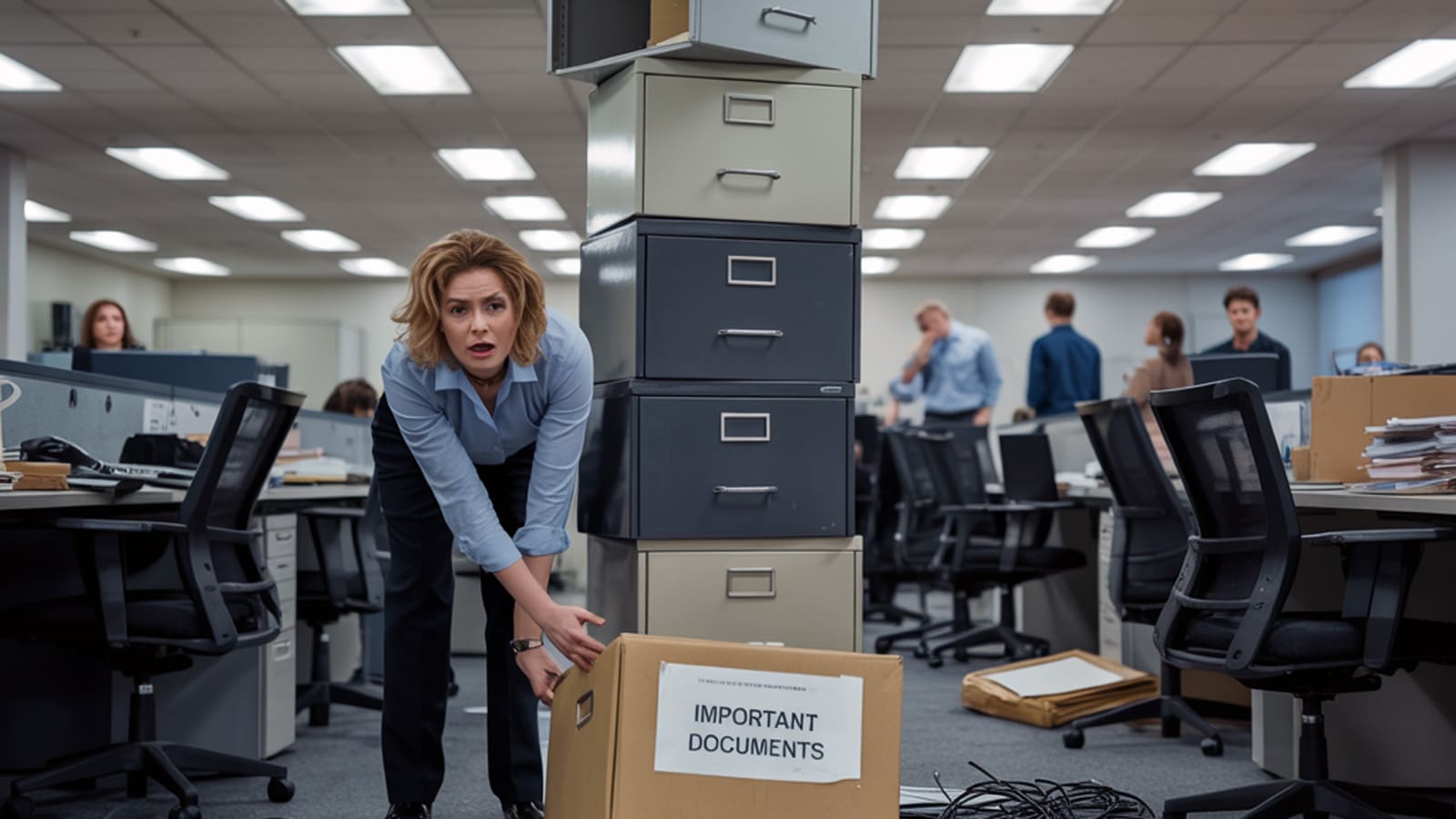 An employee drops a box of important documents during a hectic office move.