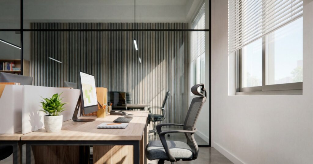 A modern office workspace with a wood desk, ergonomic chair, computer monitor, and sunlight through large windows.