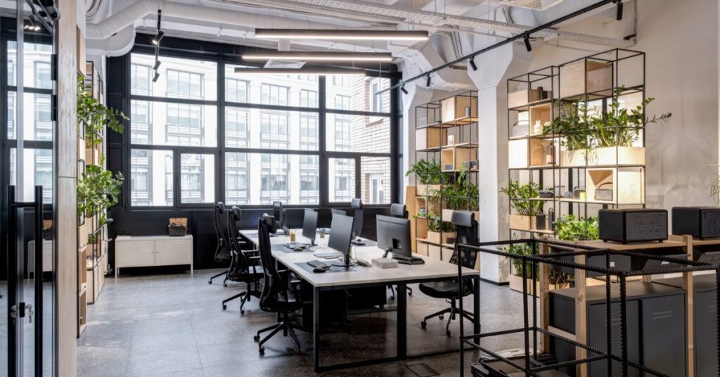 A modern open office with shared workstations, large industrial windows, shelving with plants, and contemporary desks.